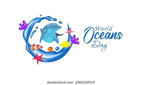 June. world oceans day celebration template design. ornaments of sea waves, coral reefs and fish. the concept of fostering public interest in marine protection and sustainable resource management