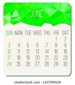 June year 2018 vector calendar. Week starting from Sunday. Contemporary low poly design in green color.