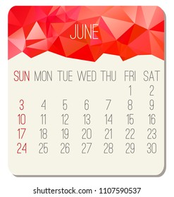 June year 2018 vector calendar. Week starting from Sunday. Contemporary low poly design in vibrant red color.