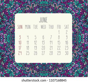 June year 2018 vector month calendar over lacy doodle hand drawn teal and purple background, week starting from Sunday.