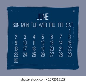 June year 2019 contemporary vector monthly calendar. Week starting from Sunday. Hand drawn square brush stroke dark blue design over grey background.