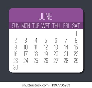 June year 2019 plain contemporary vector monthly calendar. Week starting from Sunday. Modern purple and white design over gray background.