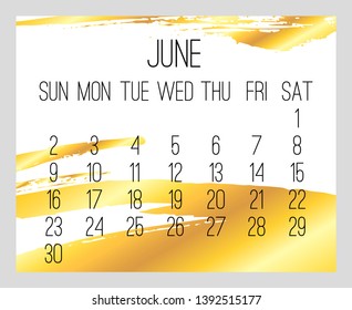 June year 2019 vector monthly modern calendar. Week starting from Sunday. Contemporary golden brush strokes over white design.