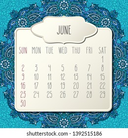 June year 2019 vector monthly calendar over blue doodle ornate hand drawn floral background, week starting from Sunday. Beige beveled frames design.