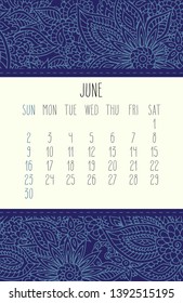 June year 2019 vector monthly calendar over blue lacy doodle ornate hand drawn background, week starting from Sunday.