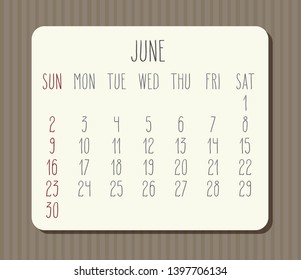 June year 2019 vector monthly calendar. Week starting from Sunday. Vintage brown stripes design.
