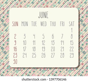 June year 2019 vector monthly calendar. Week starting from Sunday. Funky dots and stripes background.