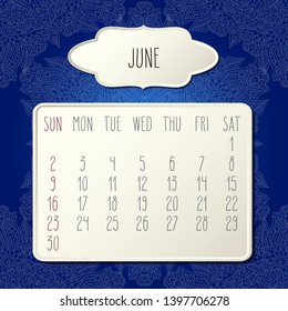 June year 2019 vector monthly calendar over dark blue doodle ornate hand drawn floral background, week starting from Sunday. Beige beveled frames design.