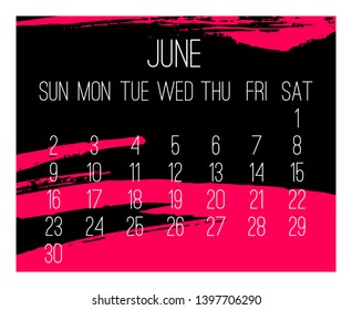 June year 2019 vector monthly modern calendar. Week starting from Sunday. Contemporary hand drawn freeform brush stroke frame design in hot pink and black.
