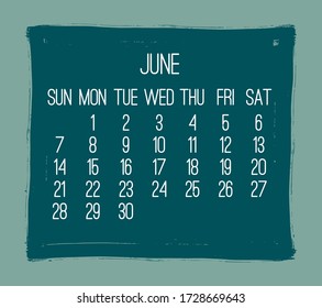 June year 2020 contemporary vector monthly calendar. Hand drawn brush stroke teal green design. Week starting from Sunday.