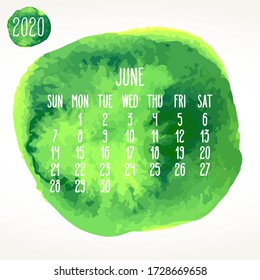 June year 2020 vector monthly artsy calendar. Hand drawn watercolor green paint circle design over white background. Week starting from Sunday.