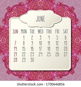 June year 2020 vector monthly calendar over doodle ornate hand drawn floral background, week starting from Sunday. Beige beveled frames design.
