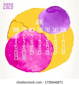 June year 2020 vector monthly artsy calendar. Hand drawn colorful watercolor paint circles design over white background. Week starting from Monday.