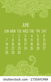 June year 2020 vector monthly calendar over lacy doodle ornate hand drawn green background. Week starting from Sunday.