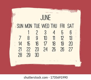 Junio de 2020 Vector mensual calendario moderno. Diseño de marco de pincel rojo dibujado a mano. Semana a partir del domingo.
