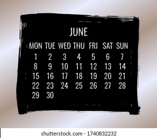 June year 2020 vector monthly modern calendar. Week starting from Monday. Contemporary black brush stroke design over rose golden background.