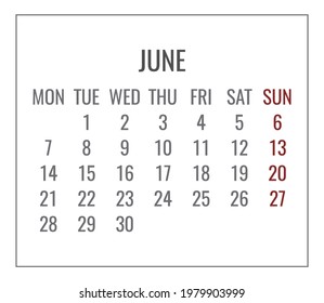 Junio año 2021 Vector mensual de calendario blanco minimalista plano. Semana a partir del lunes.