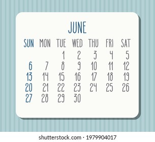 June year 2021 vector monthly light calendar. White frame over pastel blue striped background. Week starting from Sunday.