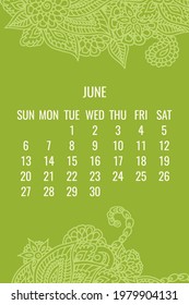 June year 2021 vector monthly calendar over lacy doodle ornate hand drawn floral green background. Week starting from Sunday