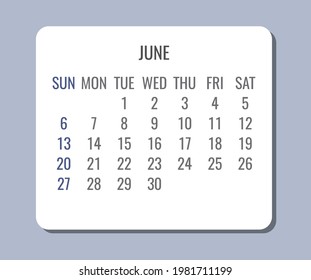June year 2021 vector monthly plain minimalist simple light gray and white calendar. Week starting from Sunday.