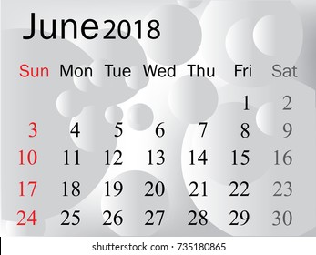 June2018 calendar on white background. Vector EPS10.