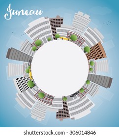 Juneau (Alaska) Skyline with Grey Building, Blue Sky and copy space. Vector Illustration. Business travel and tourism concept with place for text. Image for presentation, banner, placard and web site.