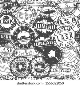 Juneau Alaska Stamps Background. City Stamp Vector Art. Postal Passport Travel. Design Set Pattern.