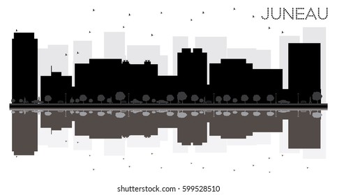 Juneau City skyline black and white silhouette with reflections. Vector illustration. Simple flat concept for tourism presentation, banner, placard or web site. Cityscape with famous landmarks.