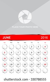 June.Calendar for 2016 Year. Vector Gears Design Print Template