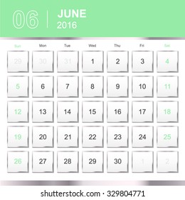 June.Calendar for 2016 Year. Vector Silver Design Print Template