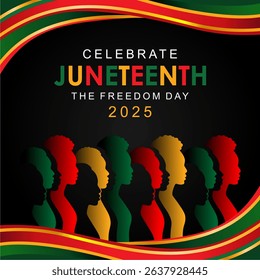 Juneteenth 2025 design with African American silhouettes and freedom colors, symbolizing liberation and unity. Juneteenth Freedom Day. June 19 2025 African American Liberation Day.