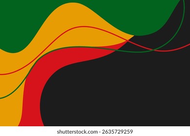 Juneteenth abstract background. Bold red, green, and yellow curves on black. Perfect for social media, presentations, and event flyers. Celebratory, powerful atmosphere for Juneteenth