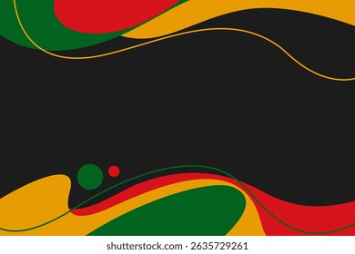 Juneteenth abstract background. Bold red, green, and yellow curves on black. Perfect for social media, presentations, and event flyers. Celebratory, powerful atmosphere for Juneteenth