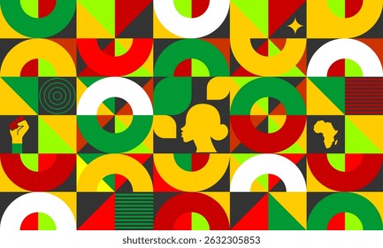 Juneteenth abstract background with traditional African-inspired patterns and symbolic red, yellow, and green colors. Perfect for celebrating African-American heritage and Freedom Day.