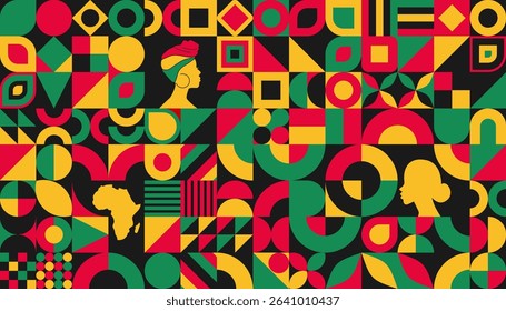 Juneteenth abstract background with traditional African-inspired patterns and symbolic red, yellow, and green colors. Perfect for celebrating African-American heritage and Freedom Day.
