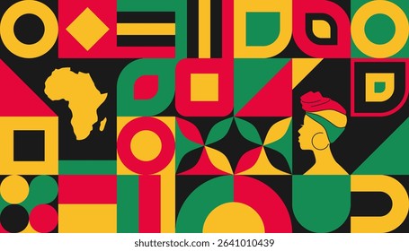 Juneteenth abstract background with traditional African-inspired patterns and symbolic red, yellow, and green colors. Perfect for celebrating African-American heritage and Freedom Day.