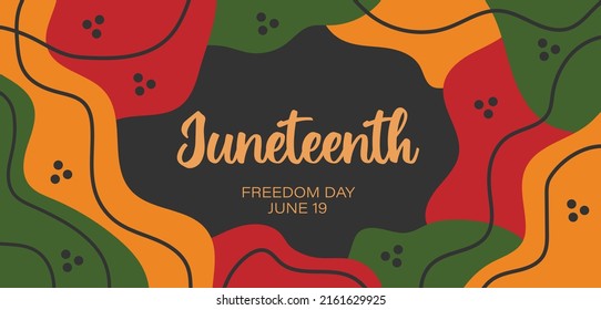 Juneteenth abstract horizontal banner design with random bright red yellow green organic shapes, lines border. Vector template for Juneteenth Freedom day with text logo. Celebration in USA