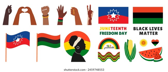 Juneteenth African American symbols set. Black hands, flags, rainbow, food Independence day nation sign. Freedom Day element collection. Vector flat illustration