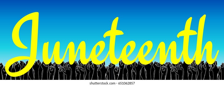 Juneteenth, African-American Independence Day, June 19. Day of freedom and emancipation. Yellow text on a sky-blue background, extra wide banner with raised people hand on background 