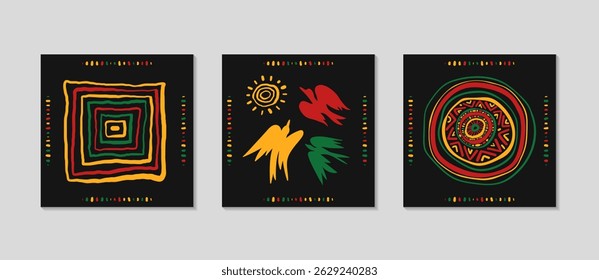 Juneteenth background with abstract geometric ornament, birds of freedom, African pattern. Celebration cards set. Greeting square post background for Social media. Vector flat illustration.
