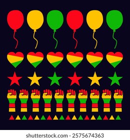 Juneteenth background vector, Juneteenth elements, Black History Month vector, Colorful silhouette, Hearts, Fists, Bunting flags, Balloons, Loves vector