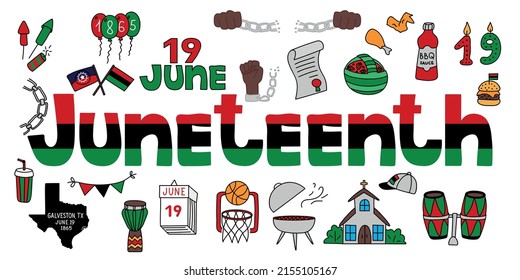 Juneteenth banner. Big set of Juneteenth doodle. Vector holidays illustrations on white background. 