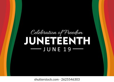 Juneteenth banner design. Black background with red, yellow, and green curved borders.  Symbol of African American freedom, emancipation, and cultural pride. Suitable for Juneteenth events.