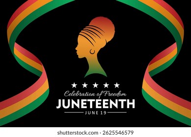 Juneteenth banner design. Black background with red, yellow, and green curved borders.  Symbol of African American freedom, emancipation, and cultural pride. Suitable for Juneteenth events.