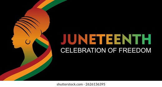 Juneteenth banner design. Black background with red, yellow, and green curved borders.  Symbol of African American freedom, emancipation, and cultural pride. Suitable for Juneteenth events.
