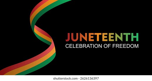 Juneteenth banner design. Black background with red, yellow, and green curved borders.  Symbol of African American freedom, emancipation, and cultural pride. Suitable for Juneteenth events.