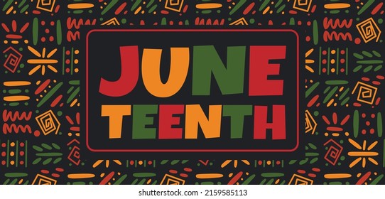 Juneteenth Banner Design With Cute Bright Lettering On African Ethnic Tribal Seamless Pattern Background