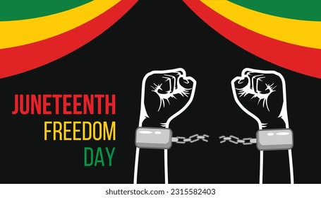 Juneteenth banner design with two silhouette hands with broken handcuffs.