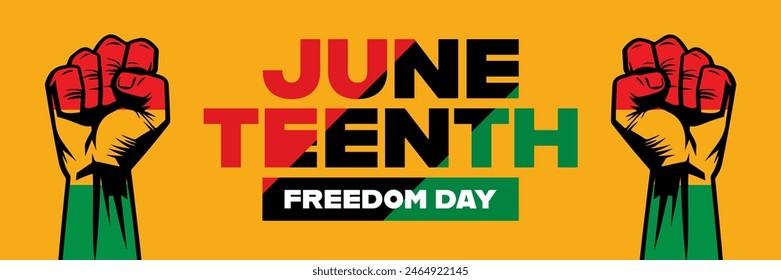 Anuncio Juneteenth con ilustración y tipografía de puño levantado en Colores de bandera panafricana. Ilustración de Anuncio de Vector del Día de la Libertad Juneteenth.