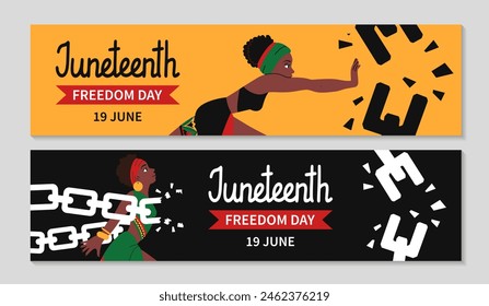 Juneteenth Billboard set. Horizontal greeting background for web. African-American woman in ethnic clothes breaks chains. Struggle for freedom. Hand Juneteenth lettering. Vector flat illustration.